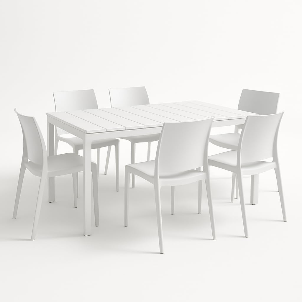 Tomaino - Tavolo da Giardino con Sedie per Esterno - Set Lion King composto da Tavolo King con 6 Sedie Volga Impilabili - Balcone, Veranda (Bianco)