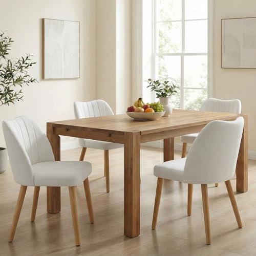 Wooden Dining Chairs Set of 4, Fabric Upholstered Modern Dining Room Chairs with Thick Seat Cushion & Cozy Backrest Dining Room Chairs with Wood Legs for Kitchen/Living Room/Restaurant, White