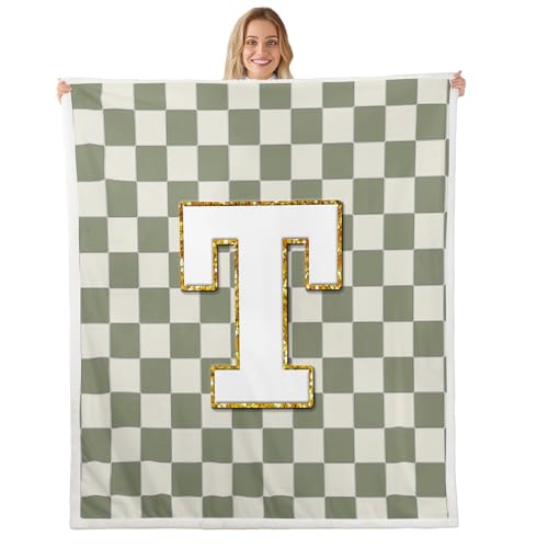 Image of Erosebridal Sage Green Checkered Fuzzy Plush Throw Plaid Initial T Fleece Blanket Personalized Monogram Sherpa Blanket for Kids Boys Girls,Fashion Grids Gingham Decor for Bed Couch Baby 30 inchx40 inch