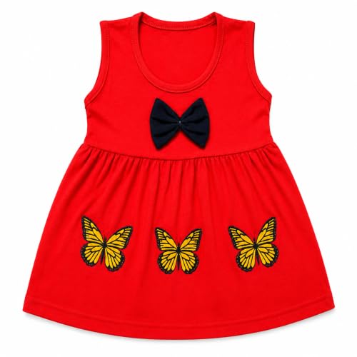 Image of Baby Girls Cotton Sleeveless Butterfly Print A-Line Frock Dress with Bow.