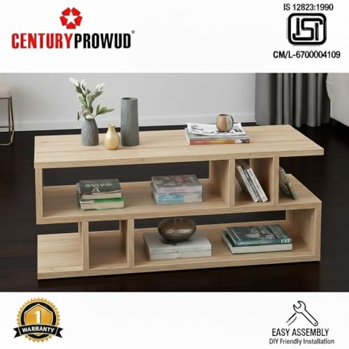 Image of FURLAY Zentro Classic Oak Coffee Table for Living Room, Modern Engineered Wood Center Table with Multi-Level Open Storage Shelves, 90 x 40 x 40 cm (FWCT2-Classic Oak)