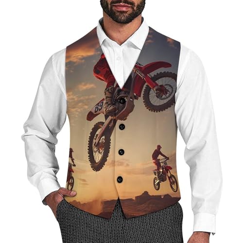 Motocross Rider Men's Suit Vests Business Formal Dress Vest V-Neck Waistcoat for Wedding Casual