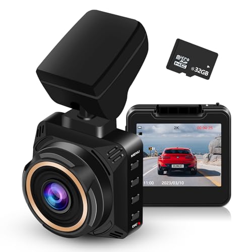 BUNUD 2K Dash Cam Front: Car Camera with Free 32G SD Card - Dashcam for Cars with Night Vision, 170° Wide Angle, Loop Recording, 24H Parking Mode