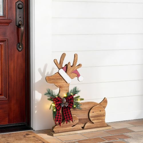 Image of Glitzhome 25.75 inchH Lighted Christmas Reindeer Porch Sign,Chunky Wood Reindeer Porch Decor with Timer,Merry Christmas Welcome Sign for Holiday Party Indoor Outdoor Xmas Decorations