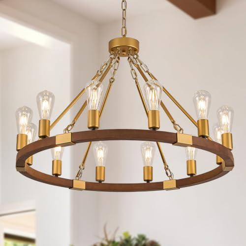Image of Gold Wooden Wagon Wheel Chandelier 12-Light 31.5 inch Light Fixture