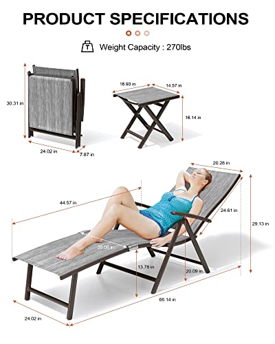 Crestlive Products Folding Patio Chaise Lounge Chair For Outside, Aluminum Adjustable Outdoor Pool Recliner Chair, Brown Frame, 8 Positions (2Pcs Dark Gray Lounge Chair With 1Pc Table) #TOP1