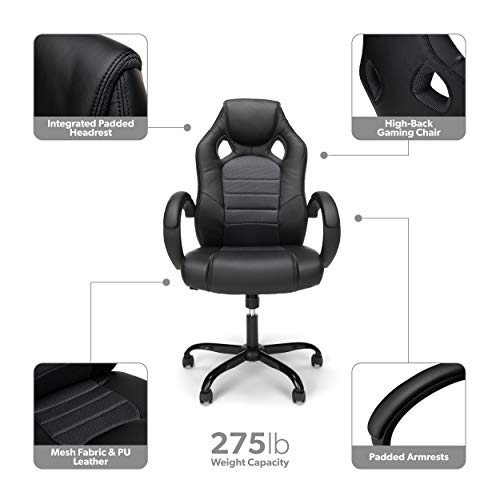 OFM Gaming Chair, Padded Loop Arms, High-Back, Gray