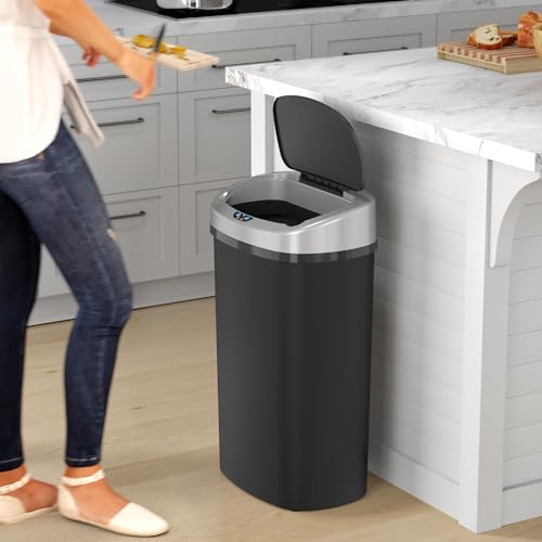 Image of iTouchless 13 Gallon Sensor Kitchen Trash Can with Lid and Odor Filter, Durable Dent-Proof Automatic Waste Basket Garbage Bin Great for Home, Office, Business, Slim Space-Saving, Oval, Black Plastic