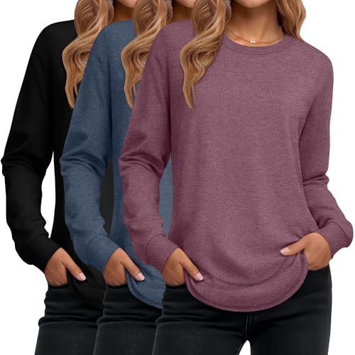 Image of Ficerd 3 Pack Women's Long Sleeve Shirts, Cotton Crew Neck Tunic Tops Casual Loose Fit Pullover Sweatshirts Curved Hem Shirts