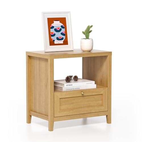 Image of EYYTHUNG Wooden Nightstands with Drawer Modern 24 inch Wide End Table Night Stand Large Farmhouse Bedside Table with Open Shelf Mid Century Night Stands for Sofa, Natural Oak