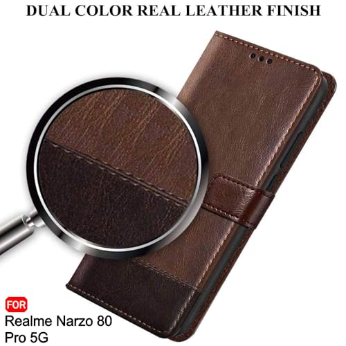 Image of TheGiftKart Flip Back Cover Case for Realme Narzo 80 Pro 5G | Dual-Color Leather Finish | Inbuilt Stand & Pockets | Wallet Style Flip Back Cover for Realme Narzo 80 Pro (Faux Leather, Brown & Coffee)