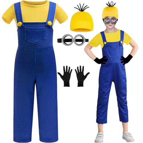 LXWINNER Kinder Halloween Kostüm gelbes T-Shirt mit Hut,Runde Steampunk Brille,Schwarze Handschuhe,Jungen Mädchen Fancy Dress für Halloween Karneval Weihnachten Geburtstag Thema Party (1.2m)