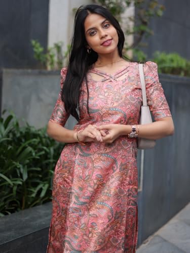 Image of Sun Fashion And Lifestyle Women's Chanderi Stitched Printed Regular Fit Straight Long Kurta for Women
