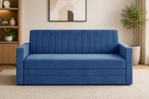 Image of 3-Seater Velvet Sofa Cum Bed with Armrests | Modern Convertible Sleeper Couch | Stylish Sofa Bed for Living Room, Bedroom & Office | Blue