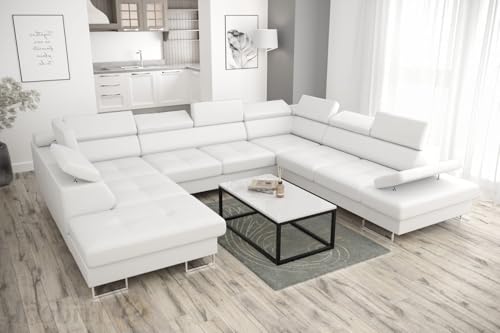 Friderik Canapé d'angle en cuir Galaxy MAX I Canapé en Cuir 280 x 350 x 225 cm Fonction de couchage et 2 tiroirs de lit (blanc, droite)