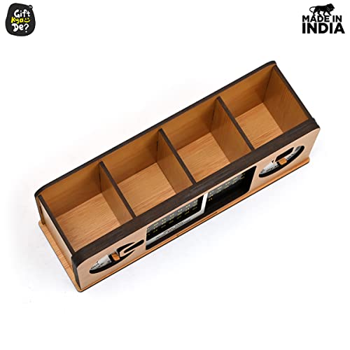Image of GKD Wooden Desk Organizer with Lifetime Perpetual Calendar | 4 Compartment Pen Stand & Stationery Holder for Office Desk, Study Table Accessories, Home Workspace Organizer