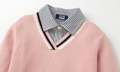 Image of LittleSpring 2-Piece Kids V-Neck Sweater and Long Sleeve Button Down Striped Shirt Set