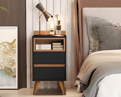 Mesa de cabeceira retrô pés em madeira 2 gavetas -Alamo- Preto/nature