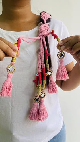 Image of Zippy Flora Neelima Parandi (Baby Pink) | Traditional Boho Handmade Paranda Hair Accessory with Braid Tassels | Women's Ethnic Hair Extension for Choti, Braids & Patiala Shahi Hairstyles