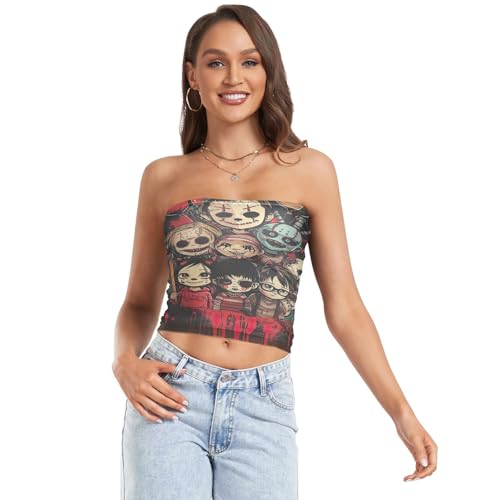 Camiseta corta de tubo de terror de Halloween para mujer, ombliguera de moda, camisetas de tubo de malla, camisetas de tubo de playa (S), Halloween Horror-1, M