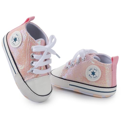Image of Unisex Baby Girls Boys Canvas High-top Shoes, Newborn Infant Anti-Slip Soft Sole Frist Walking Breathable Sneakers