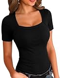 Aottori T-Shirt Donna Manica Corta Scollo Quadrato Maglietta Estiva a Coste Maglia Aderente Elegante Moda Top Slim Fit Sexy Basic Casual Nero S