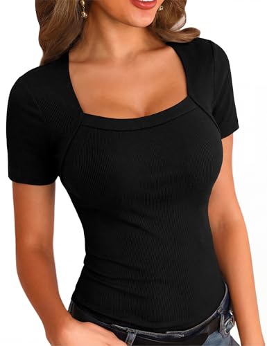Aottori Damen T-Shirt Kurzarm Sommer Tshirt Eckigem-Ausschnitt Oberteile Elegant Basic Gerippt Tee Shirts Engere Passform Stretch Einfarbig Top Schwarz S