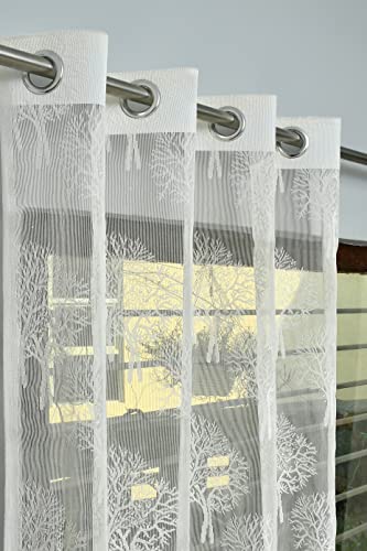 Image of Net Transparent Window Curtain Drapes 5Ft Set of 2 | Sheer Curtain Drapes for Living Room Bedroom Kitchen Balcony | Tissue Light Filtering Panels for Home Office, 4x5 Feet, Offwhite Tree
