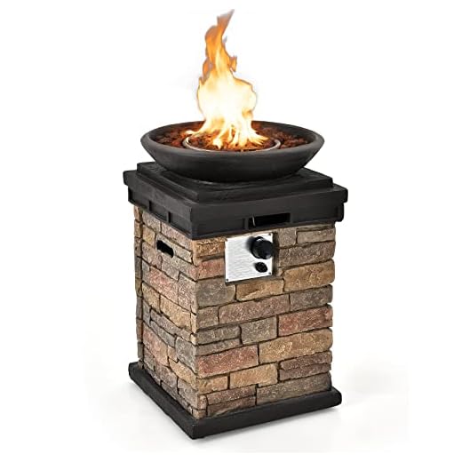 Tangkula Patio Propane Fire Bowl, Patiojoy 40,000BTU Square Fire Pit with Round Bowl, Lava Rocks & Waterproof Cover, Faux Stone Fire Pit Table for Outside Courtyard, Patio, Porch (Brown Stone)