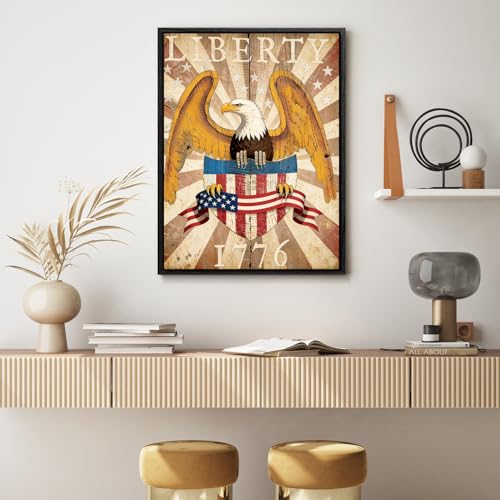 Image of American Flag Framed Canvas Wall Art, 4th of July Red White Blue Canvas Prints, USA Flag with Bald Eagle Patriotic Decorations, Vintage Independence Day Wall Decor for Bedroom Living Room 16x20