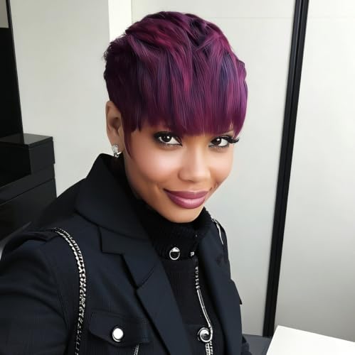 Wuke.Hair Short Pixie Cut Wig with Bangs, Purple Burgundy Colored