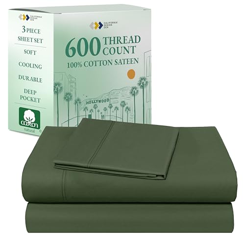 California Design Den 100% Cotton Twin Sheets Set - Luxury 600 Thread Count, Sateen Weave, Deep Pocket Twin Bed Sheets Cotton Set, Hotel Quality Bedding - Olive Green