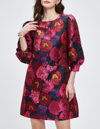 Kedera Women's Jacquard Dress Long Puff Sleeves Shift Mini Elegant Floral Dress Summer Business3