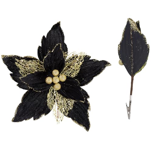 SHACOS 10 pcs 7.8" Artificial Black Gold Christmas Flowers for Xmas Decoration Clips on Poinsettia Glittery Velvet Floral Picks Ornaments for Decorating Christmas Tree Wreath Garland
