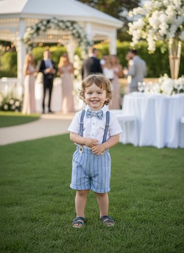 Image of Volunboy Baby Boy Formal Short Set Toddler Summer Gentleman Outfit Kid Short Sleeve Bowtie Shirt Suspender Shorts Suit