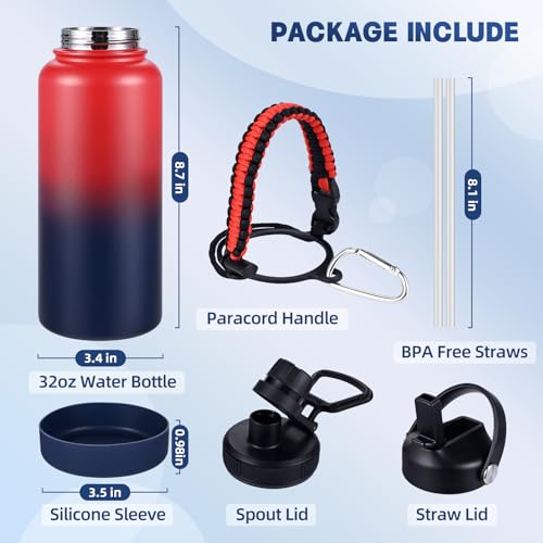 Image of Insulated Water Bottle, 32 oz Stainless Steel Wide Mouth Water Bottles with 2 Leak Proof Lid and Paracord Handle, Double Wall Vacuum Insulated Sports Water Bottle, Red Navy