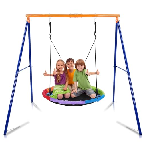 Lunafun 45” Saucer Swing for Kids, 440lbs Adjustable Swing Set for Backyard or Outdoor Playground,Heavy-Duty A-Frame Metal Outdoor Stand