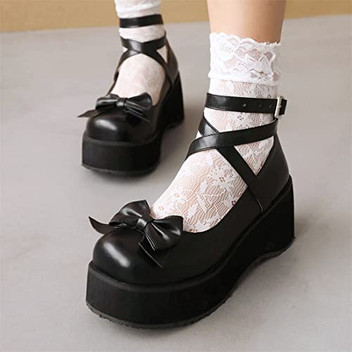 Betastella Women's Cute Platform Mary Janes Wedges Heels Round Toe Cross Ankle Strap Goth Pumps with Bow4