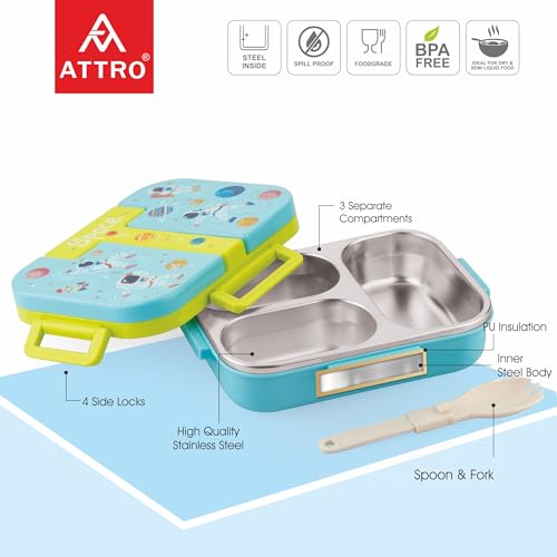 Image of ATTRO Tangy Bite Stainless Steel Lunch Box - 3 Compartment Bento Tiffin, Leak-Proof & Durable, Plastic Spoon, Ideal for Kids, School, Picnic-Light Blue Green- 600ml-Space Theme