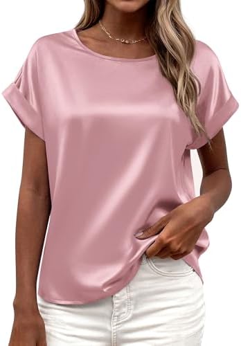 BTFBM Womens Summer Tops Satin Blouses Dressy Casual Loose Crewne...