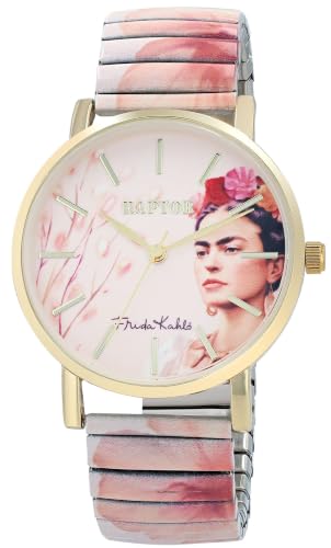Raptor Damenuhr Frida Kahlo Edition mit Zugband, Hochwertige Armbanduhr aus Edelstahl, Geschenk für Frau, Freundin oder Mutter mit Uhrenbox (Rosa de Frida)