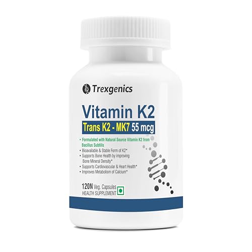 Image of Trexgenics VITAMIN K as TRANS K2 MK7 Menoquinone-7 55 mcg Bone, Cardiovascular Health (120 Veg Capsules)