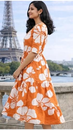 Image of Women's Rayon Floral Printed Midi Dress | Casual Fit & Flare One Piece Dress for Women | Stylish Short Sleeve Western Dress