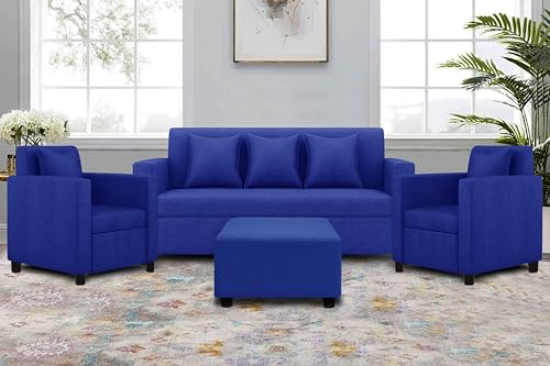 Image of 3+1+1 Seater Sofa Set with Ottoman -Modern Velvet Fabric Sofa Set for Living Room, Deep Seating Comfort with Cushions (Blue)