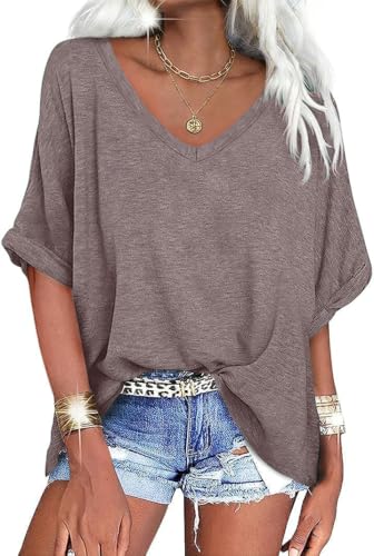 Image of UNCLECAT Womens V Neck Oversized T-Shirts Summer Short Sleeve Loose Tops | Plus Size, Rolled-up Sleeves, Trendy Fashion Clothes, Deep V Neck, Casual Basic Tee