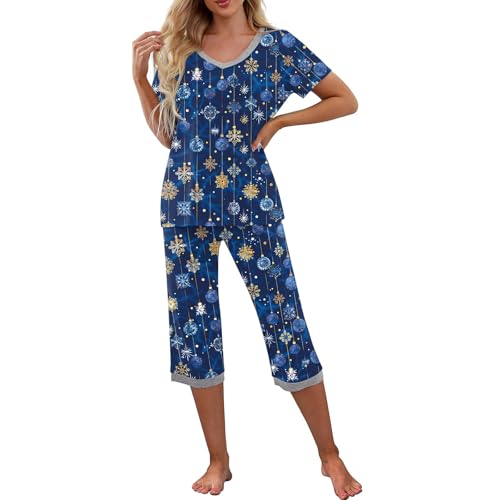 Christmas Pajama Sets for Women Fashion Printed Short Sleeve Tops Pants Pajamas Casual Comfort V Neck Sleepwear Suit
