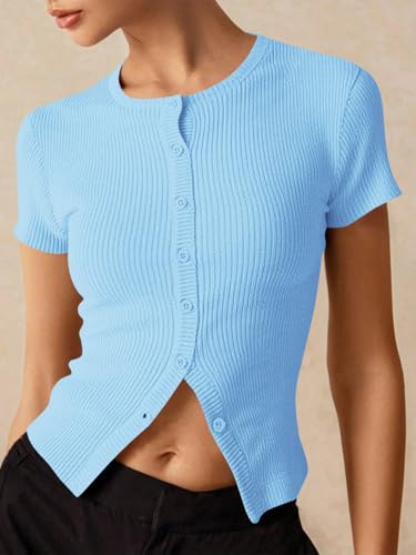 Image of Imily Bela Womens Short Sleeve Sweater Tops Summer Button Down Casual Ribbed Knit Slim Fit Cropped Cardigan Shirts