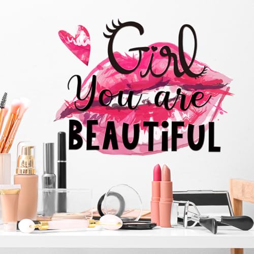 WandSticker4U®- Stickers muraux fille GIRL YOU ARE BEAUTIFUL (28x37 cm) I Autocollant mural citation beauté cœur lèvres amour adolescent femme I Déco murale chambre...
