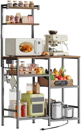 Huuger 31.5 Inch Bakers Rack with Power Outlets, Kitchen Microwave Stand with Storage, Coffee Bar with 4 Hooks, 3-Level Height Open Shelves, Rustic Brown
