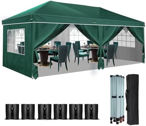 Heavy Duty Pop Up Canopy, Carport Canopy with UV Protection, Waterproof Fabric, Adjustable Heights, and Easy Assembly – Ideal for Outdoor Events, Camping, and Carports (10 x 20) (Green)